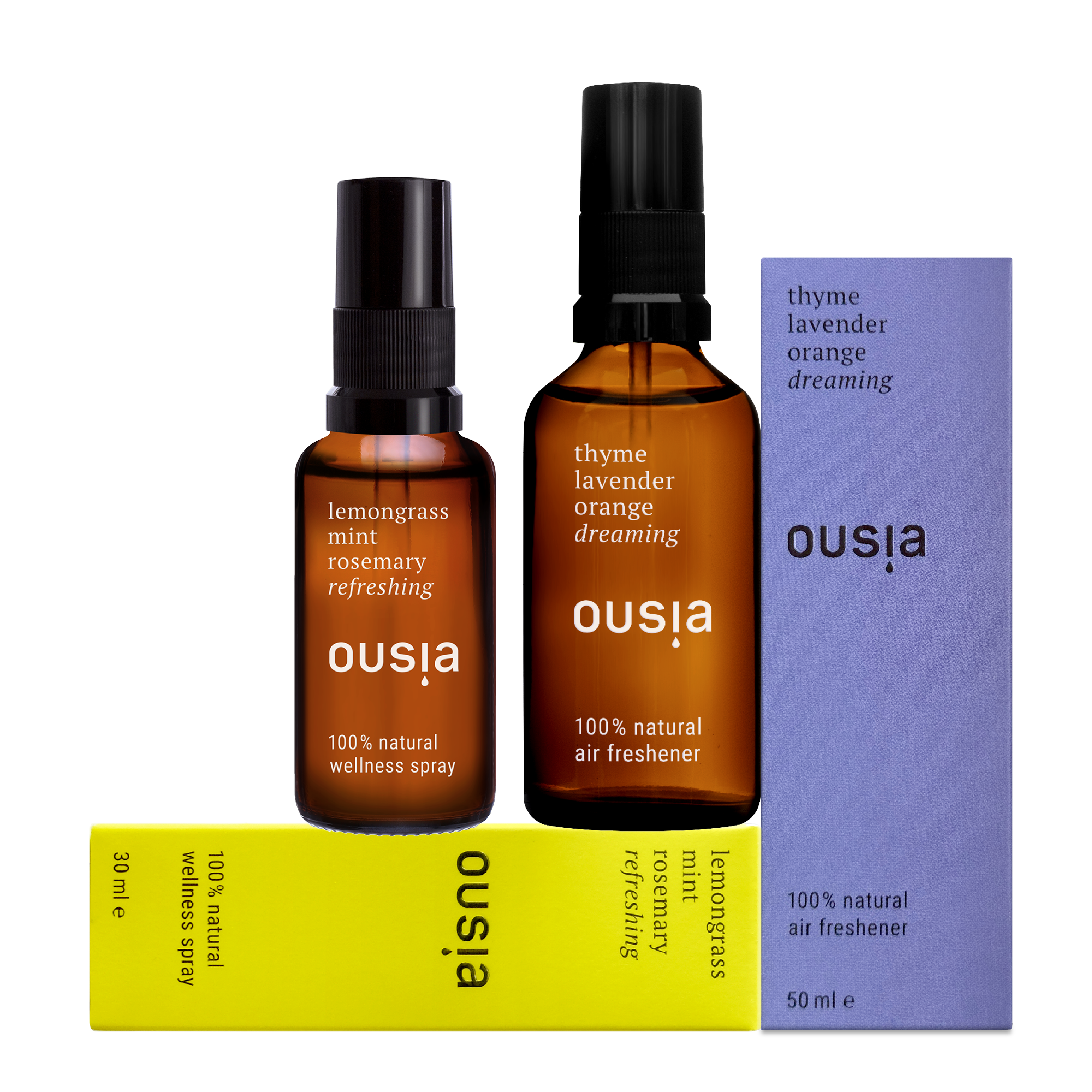 Raumspray und Duftspray Set mit Lavendel, Melisse, Lemongrass und Minze von Ousia